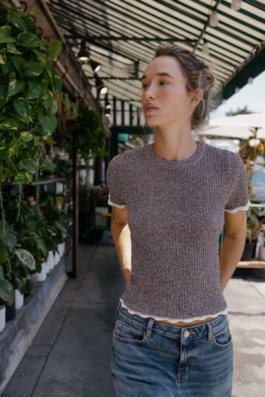 CONTRAST CUT KNIT T-SHIRT - Dark aubergine by Zara