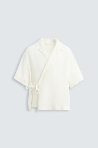 Zara 100% LINEN TIE SHIRT - Oyster-white