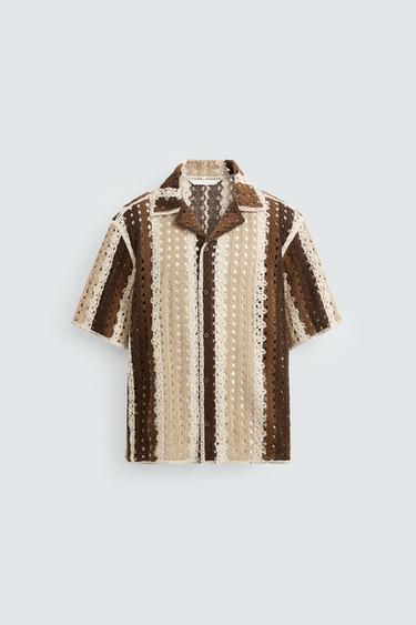 TEXTURED CROCHET SHIRT - Ecru / Brown by Zara