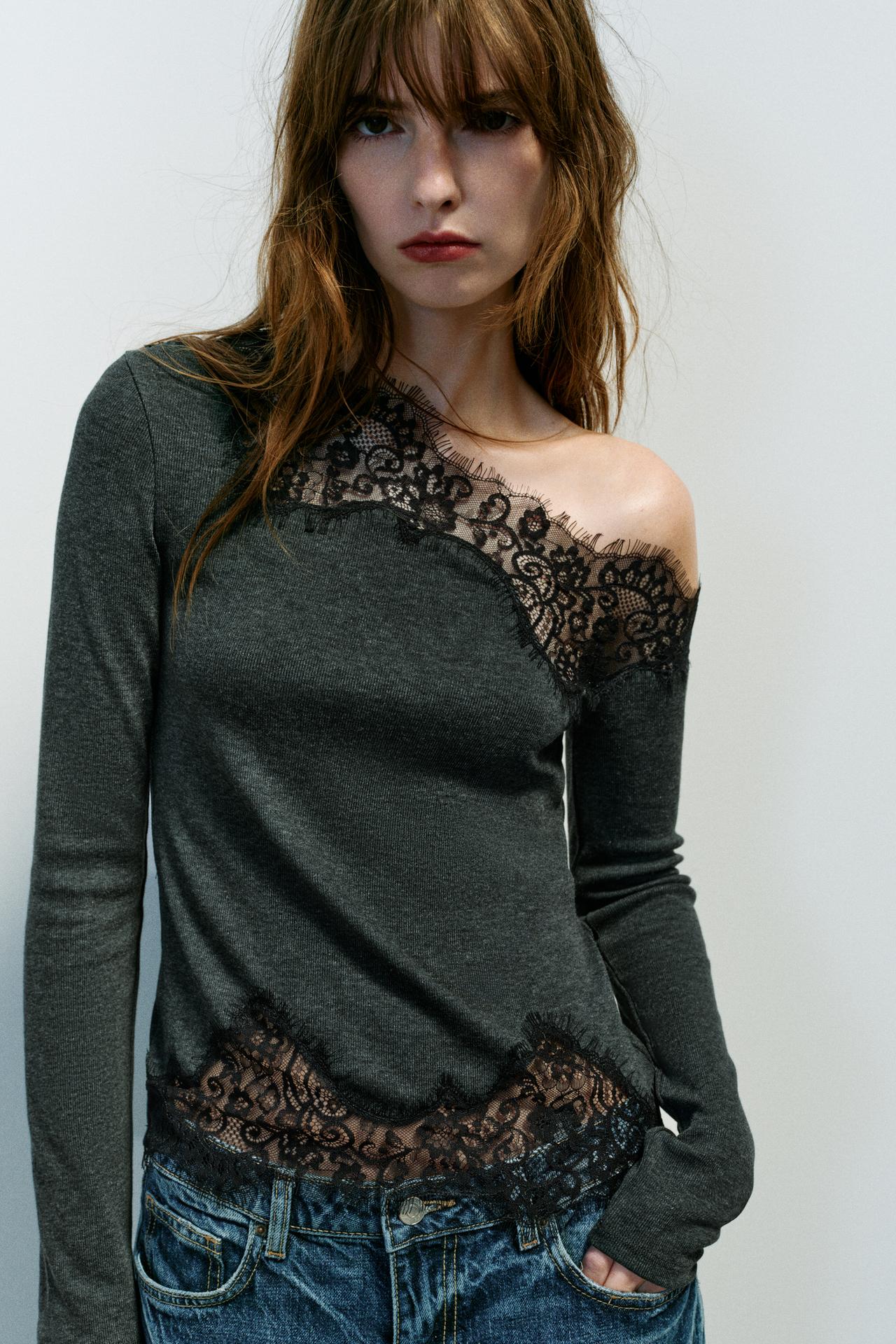 ASYMMETRIC LACE TOP — Dark gray