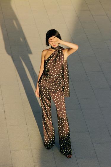 SATIN HALTER SCARF TOP - Greens by Zara