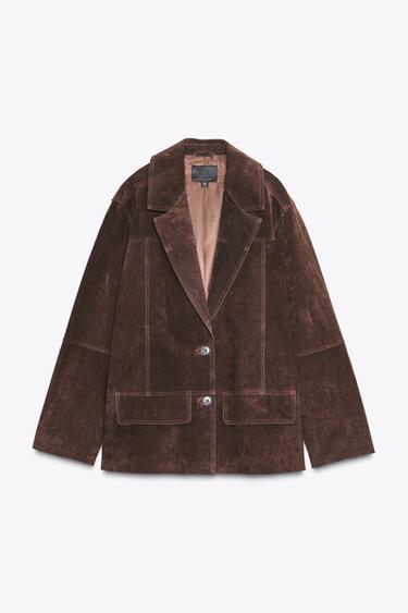 OVERSIZE SUEDE LEATHER BLAZER - Dark brown by Zara