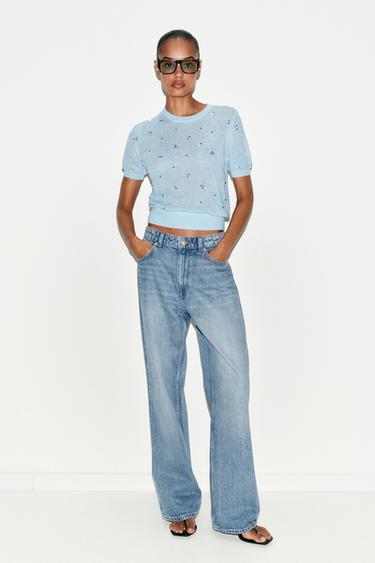 SEQUIN SHORT SLEEVE KNIT TOP - Pastel blue by Zara