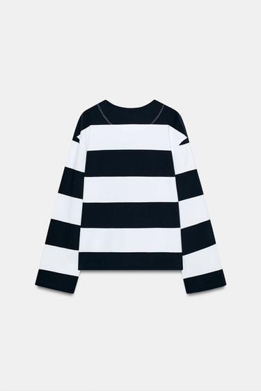 Zara STRIPED LABEL T-SHIRT - Navy / White