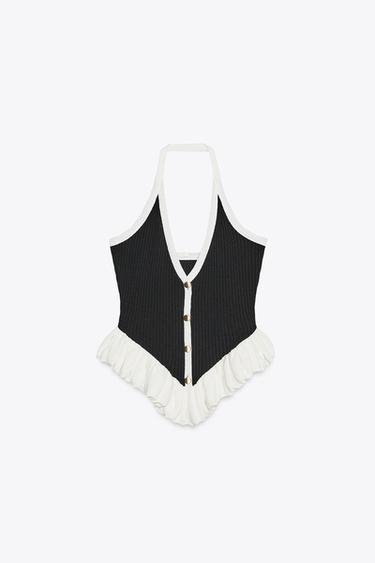 RIBBED BUTTON TOP - Black / White by Zara - Image 4