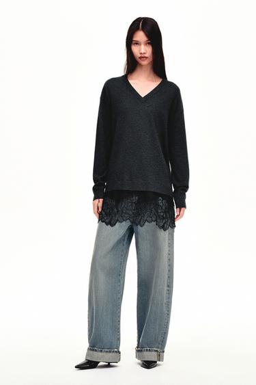 Zara 長版蕾絲拼接針織衫 - 灰色