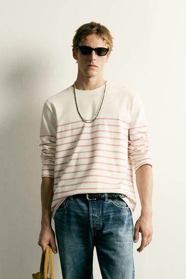 CAMISETA RELAXED FIT JACQUARD RAYAS - Rosa claro de Zara