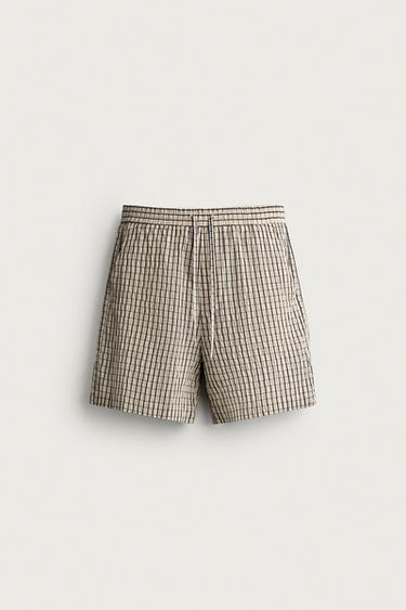 Zara 休閒格紋短褲 - 淺米色
