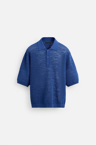 Zara KNIT LACÉ POLO SHIRT - Blue