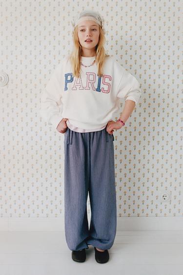 بنطلون بومباشو مخطط وربطات - أزرق / أبيض الخاص بـ Zara