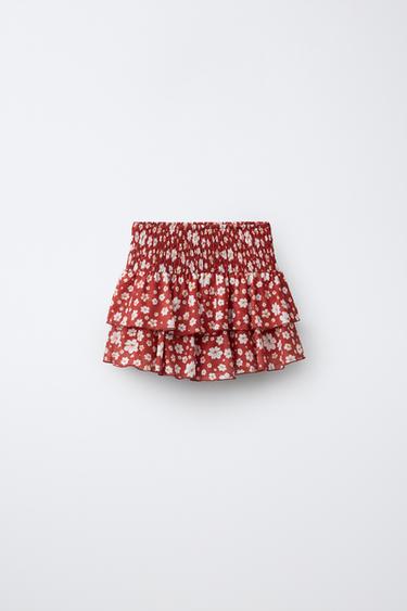 Zara FLORAL RUFFLE SKIRT - Red