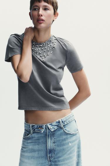 Zara 寶石刷紋效果 T 恤 - 灰色
