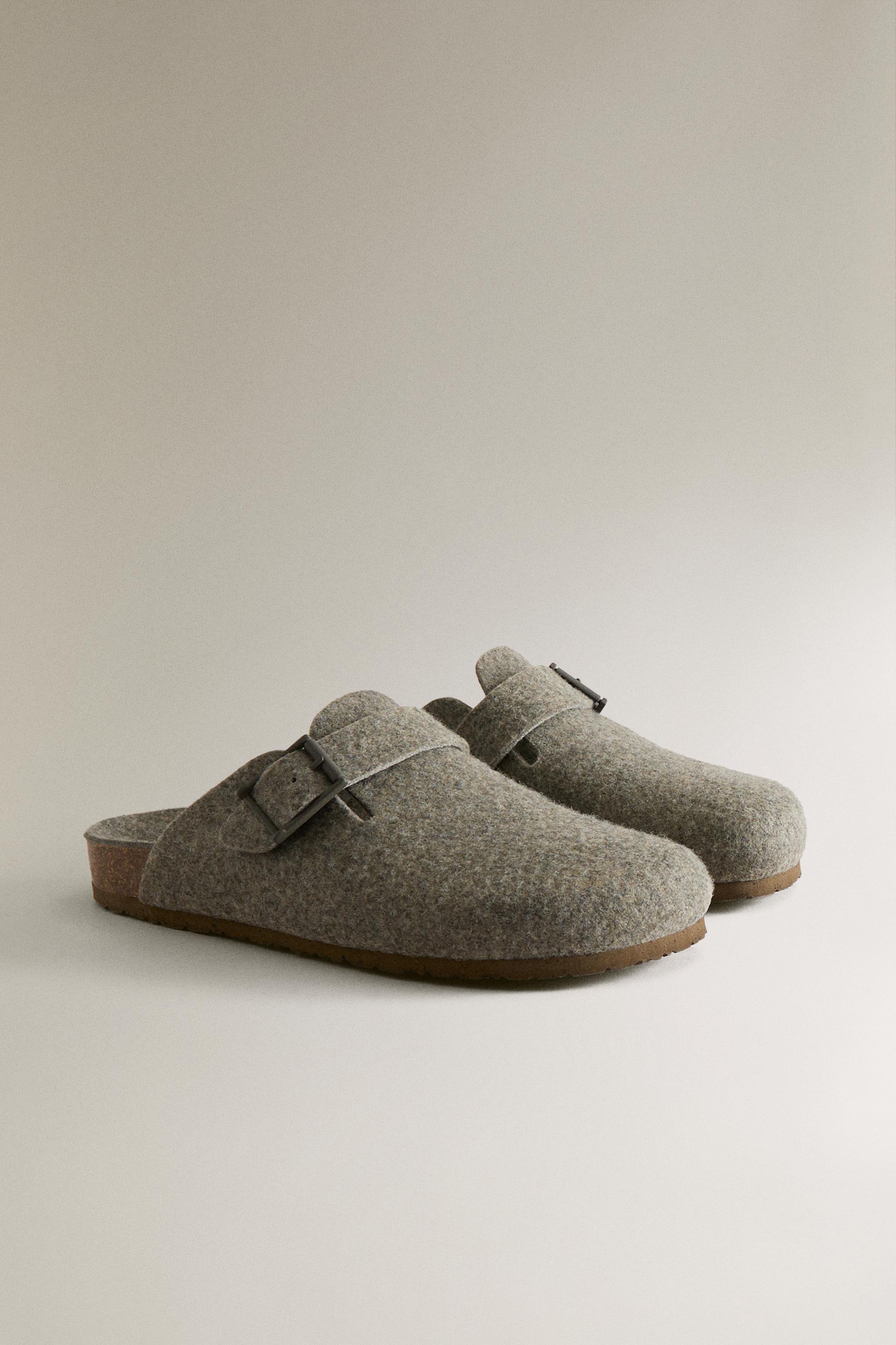 BUCKLED FELT MULE SLIPPERS — Khaki Green