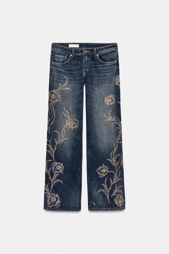 JEANS TRF PIERNA ANCHA TIRO BAJO CON BORDADOS DE BRILLOS - Marino de Zara - Imagen 0