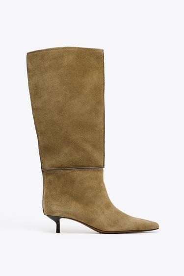 STITCHED SPLIT SUEDE BOOTS - Khaki Green by Zara