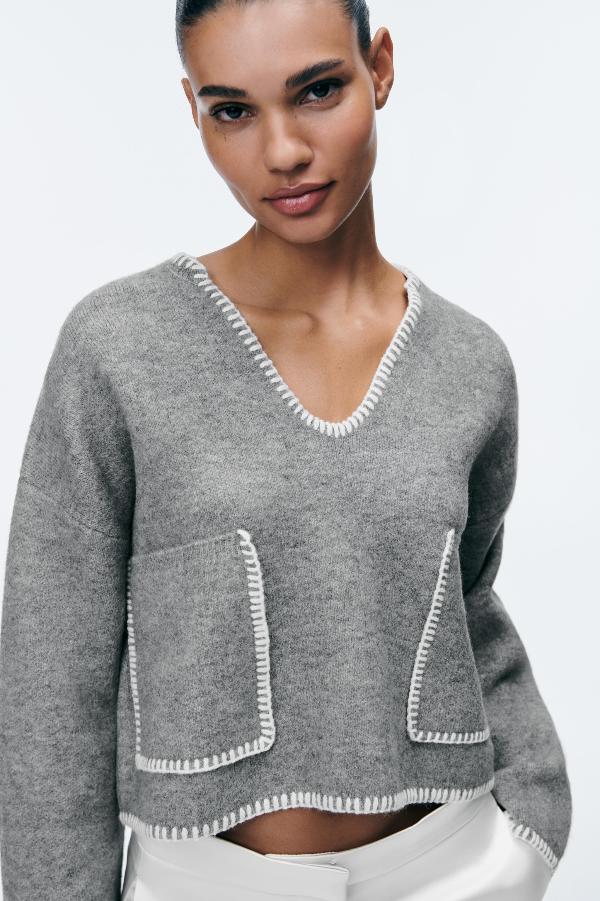 CONTRAST TOPSTITCHING CROP KNIT SWEATER - Gray marl | ZARA United