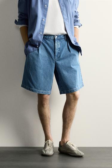 BERMUDA CHINO DENIM RELAXED FIT PLIEGUES - Azul de Zara