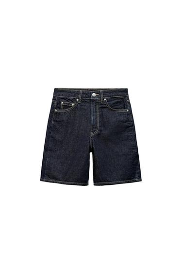 Dark blue denim shorts with contrast stitching, front pockets, and button closure on a white background.
