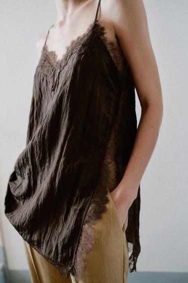 LACE-TRIMMED CAMISOLE TOP - Brown by Zara - Image 4