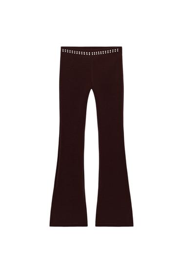 Zara STUDDED STRETCH FLARE PANTS - Dark brown