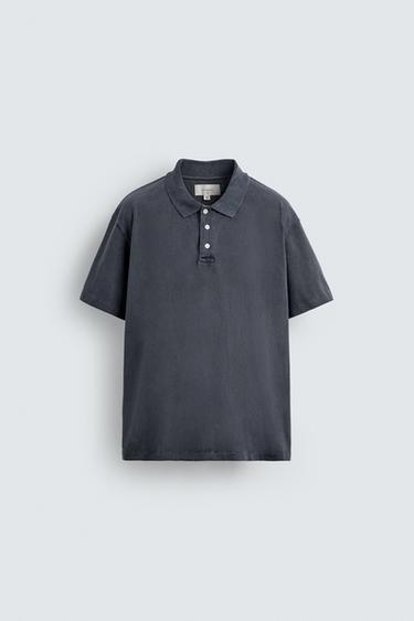 Zara Soluk mavi - YIKANMIŞ RELAXED FIT POLO TİŞÖRT