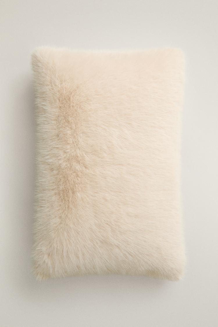 LONG FAUX FUR THROW PILLOW COVER — Ecru