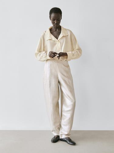 Pantalon fluide en lin métallisé - Beige de Zara