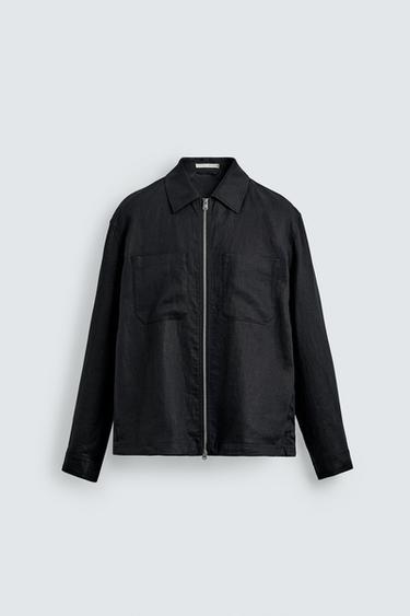 100% LINEN ZIP-UP OVERSHIRT - Black by Zara