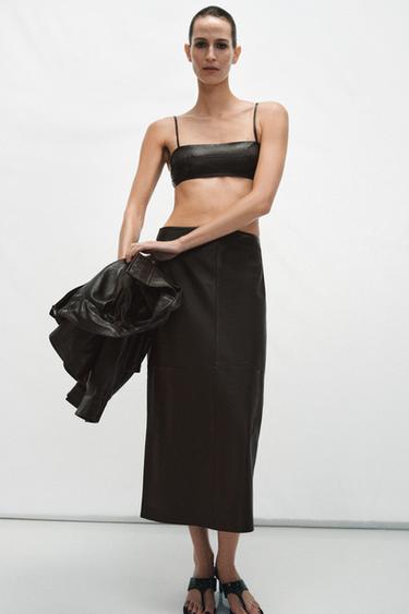 ZW COLLECTION 100% LEATHER CROP TOP - Brown by Zara