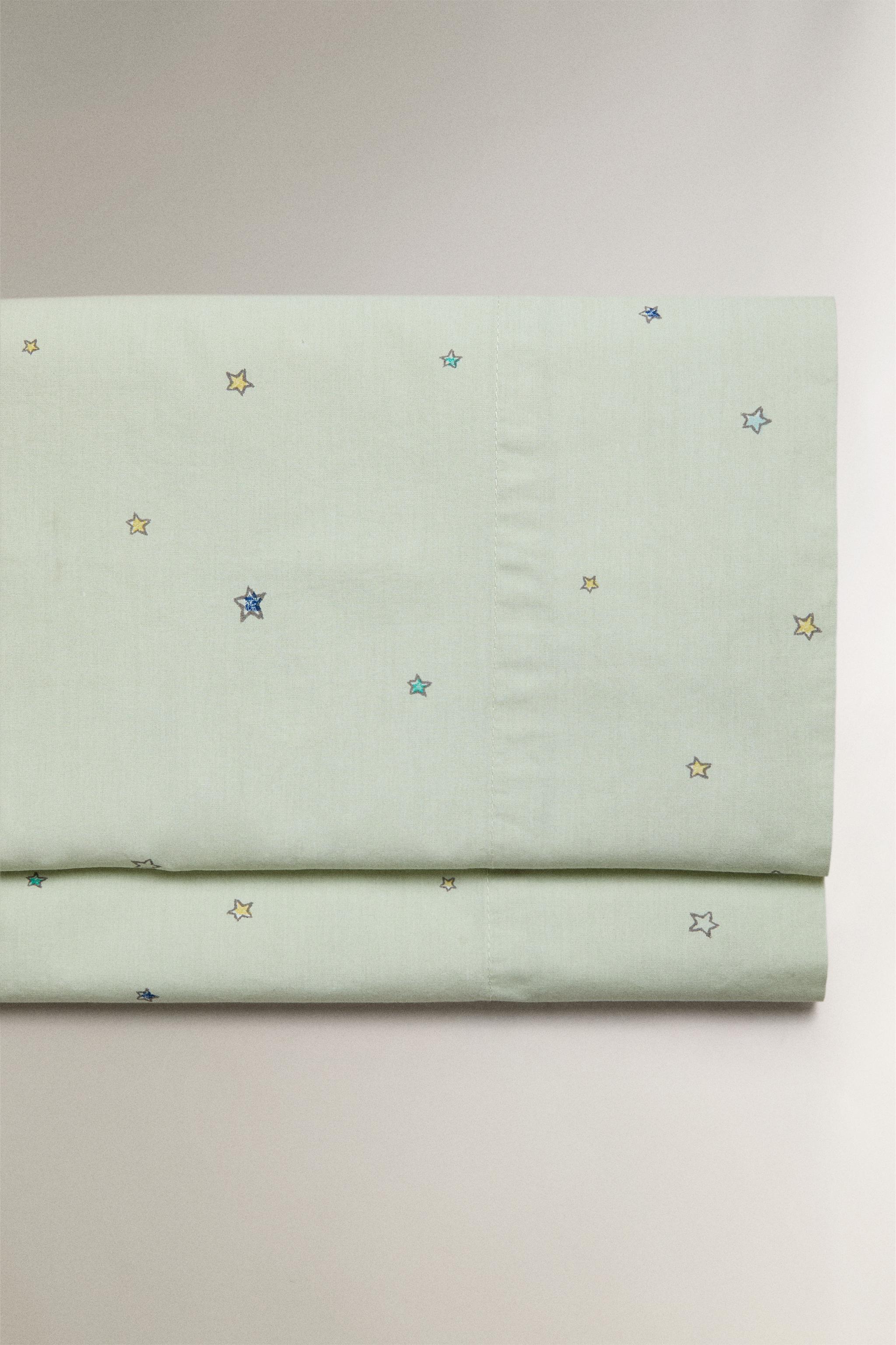 KIDS' COTTON STAR PRINT FLAT SHEET — Light green
