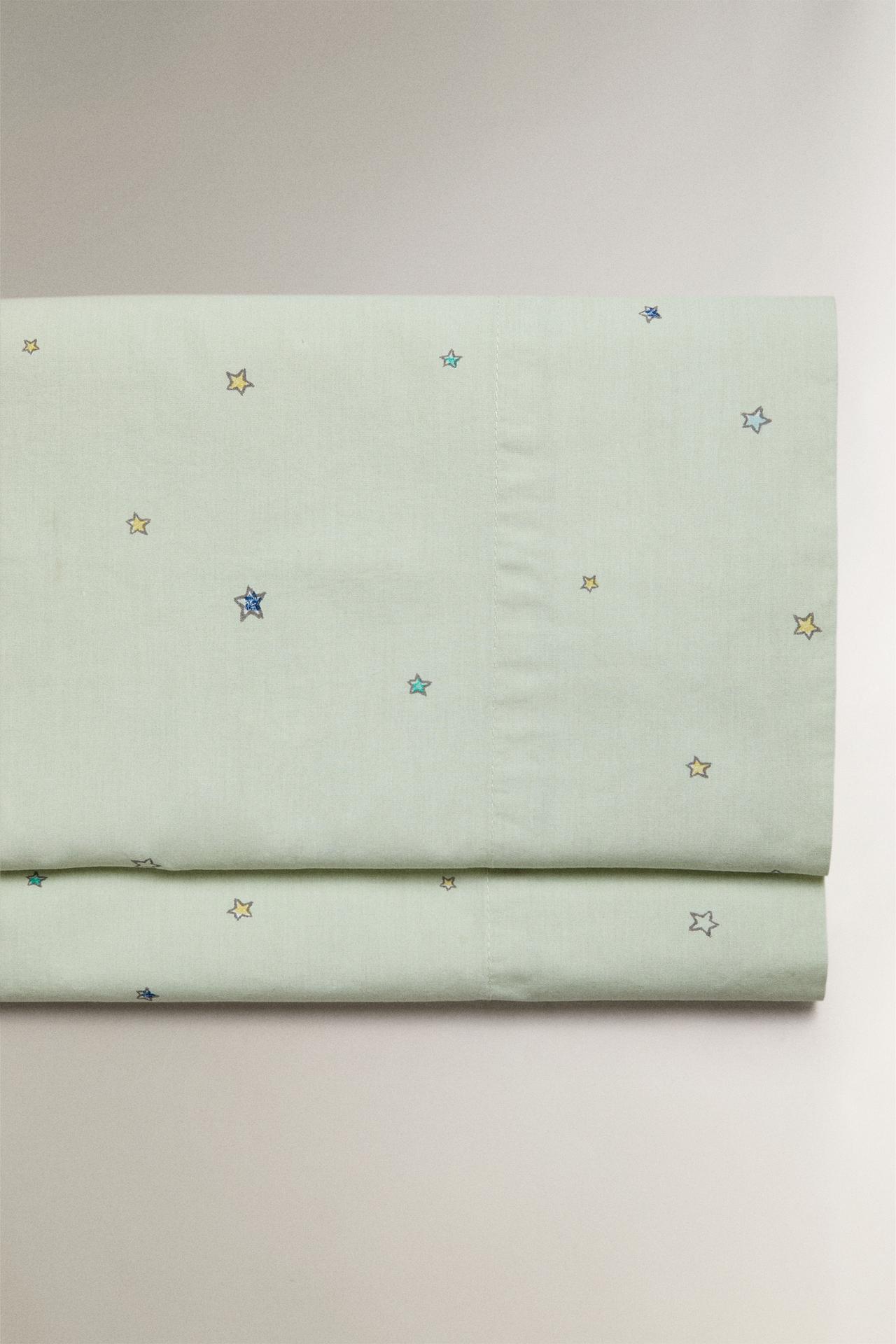 KIDS' COTTON STAR PRINT FLAT SHEET — Light green