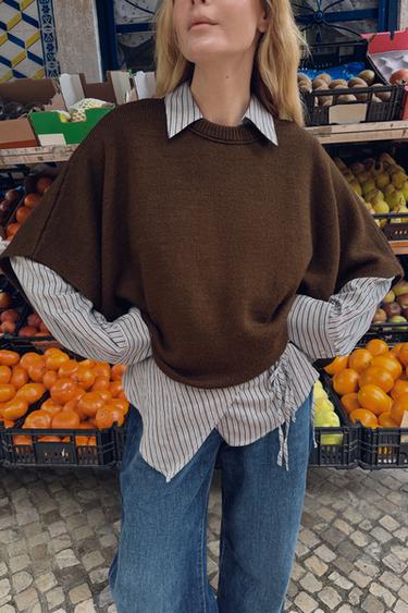 Zara WIDE SLEEVE KNIT JUMPER - Brown