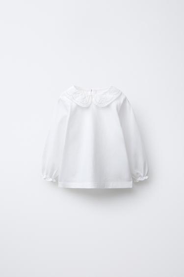 EMBROIDERED COLLAR T-SHIRT - Ecru by Zara