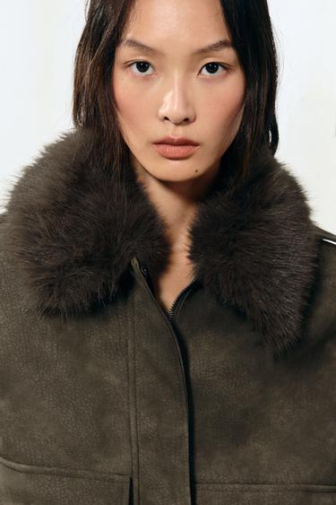 Zara 可拆卸領麂皮效果外套 - 卡其色