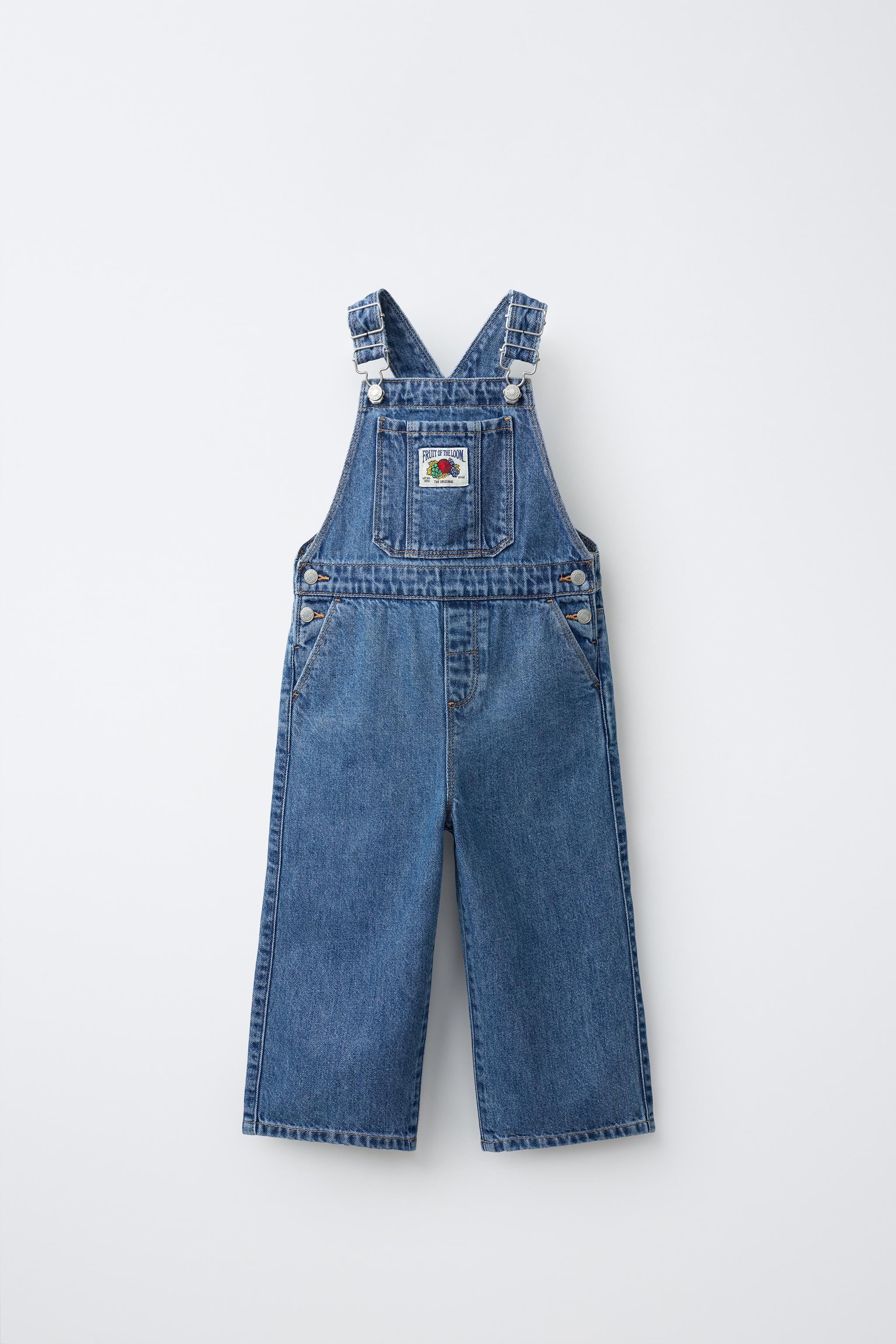 新品　ダークデニム オーバーオール 前面ポケット付き FRUIT OF THE LOOM™ラベル デニムオーバーオール - ミディアムブルー