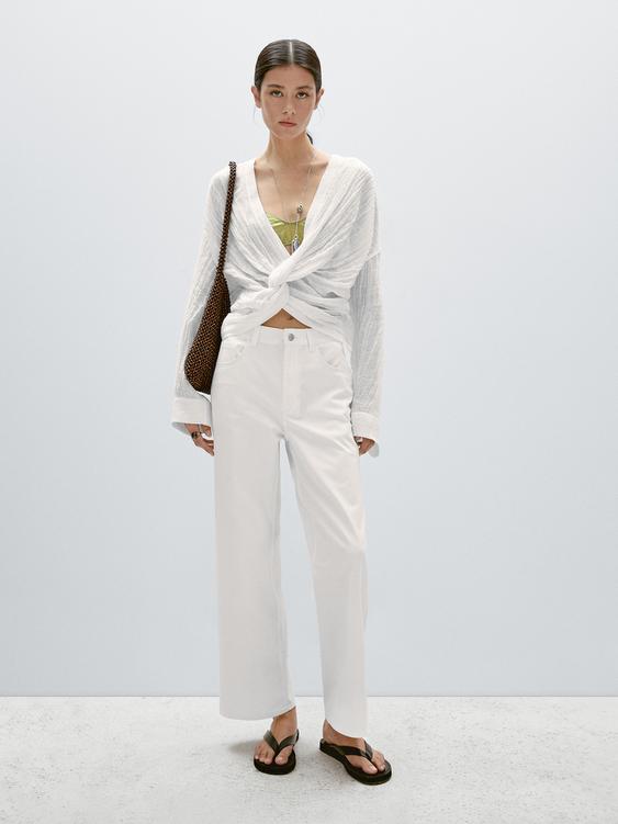 Cotton blend straight-leg cropped trousers