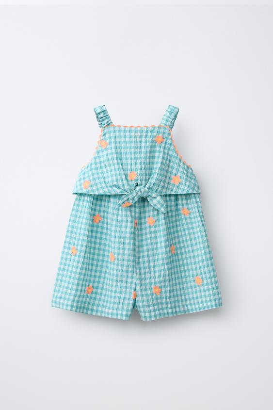 EMBROIDERED FLORAL GINGHAM PLAYSUIT - Blue / Green by Zara - Image 0