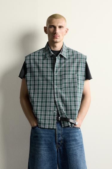 Zara PLAID CROPPED TANK SHIRT - Greens