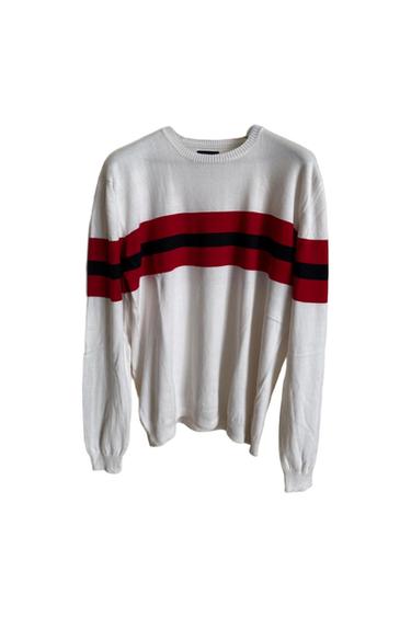 MAGLIONE 100 COTONE, CON FANTASIA ORIZZONTALE ROSSA E NERA. OTTIMA VESTIBILITÀ, OTTIME CONDIZIONI