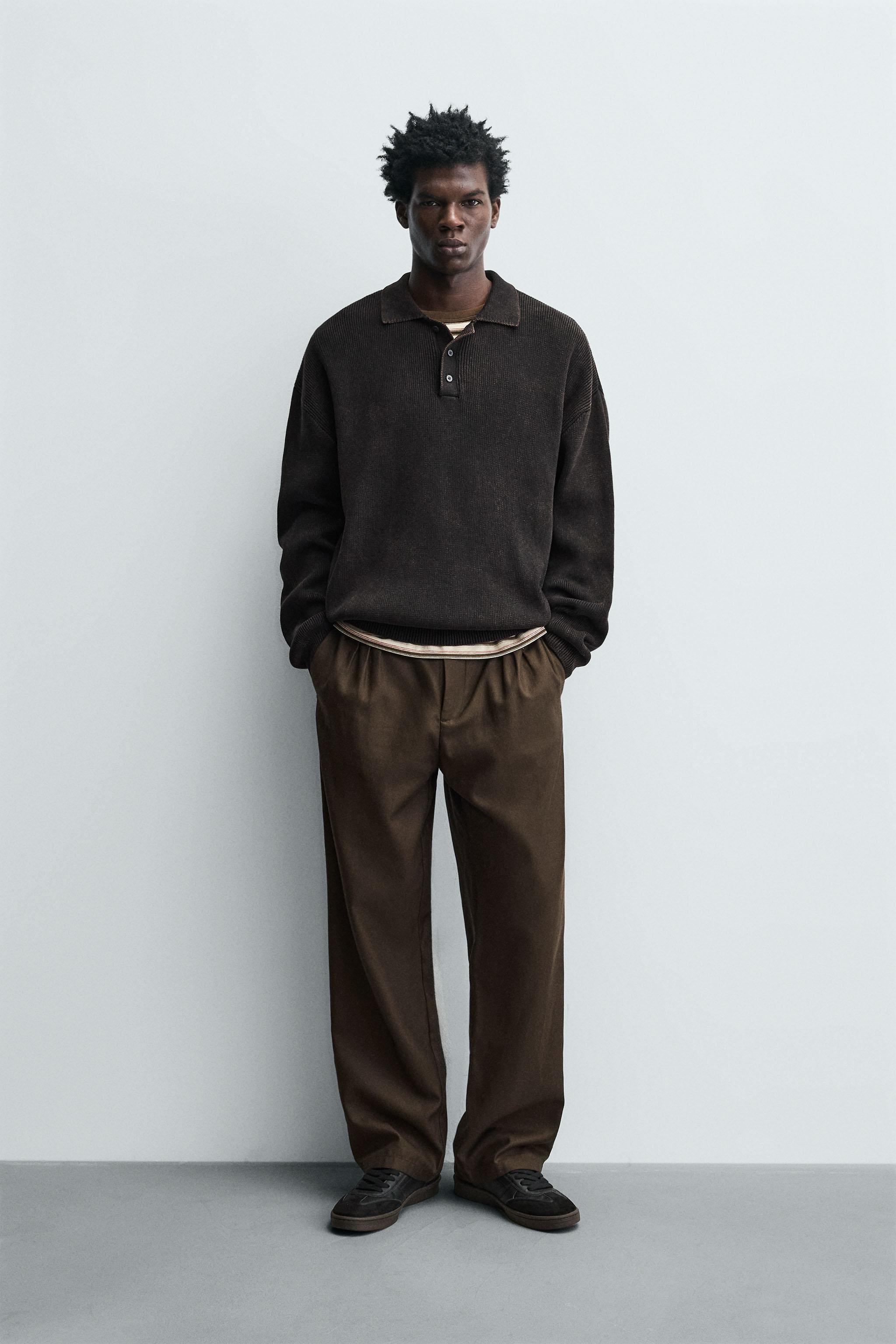 即完売品　和紙ミックス　ニットポロシャツ　ブラウン ウォッシュドニットポロシャツ - ブラウン | ZARA Japan / 日本