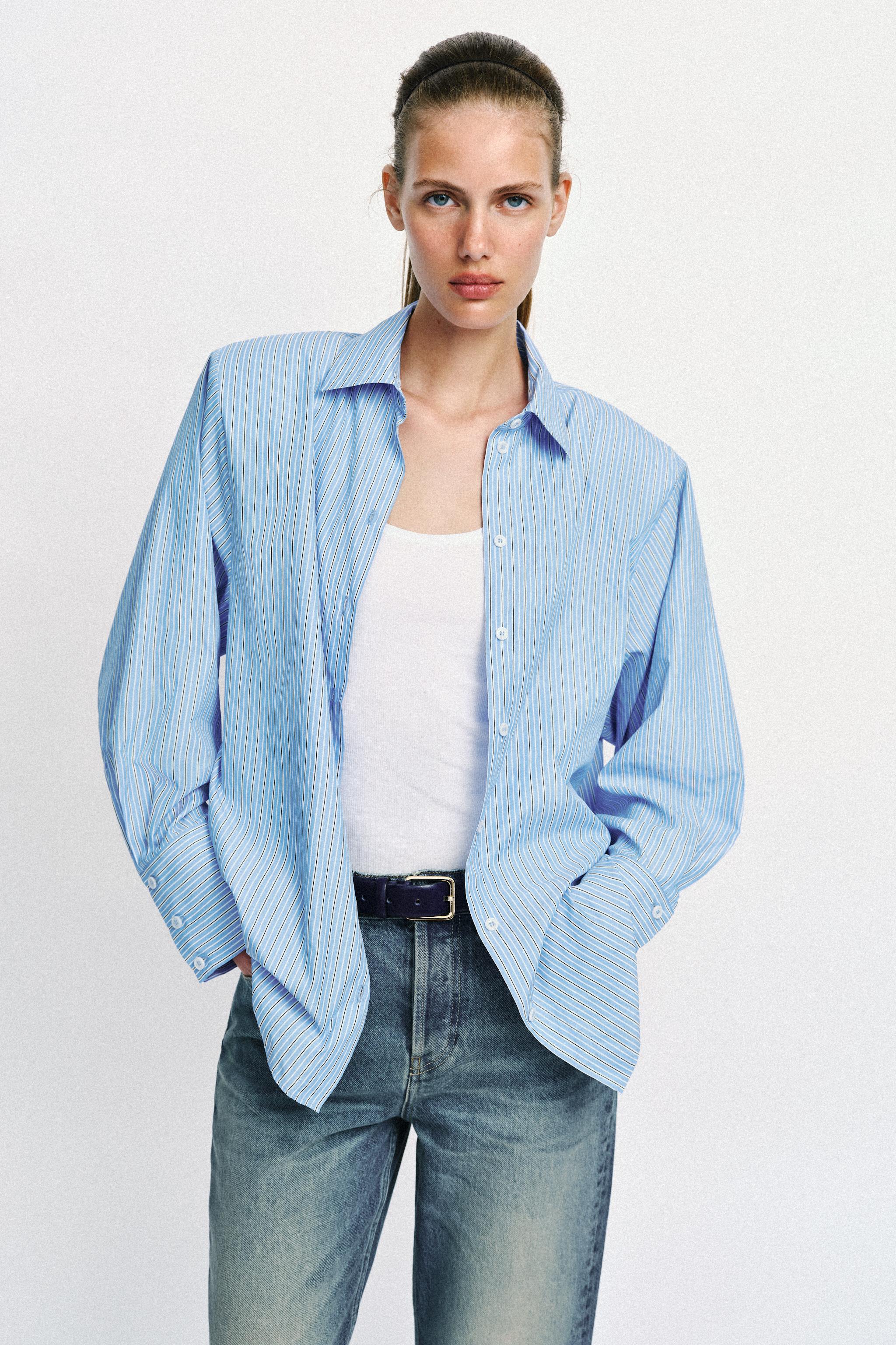 STRIPED SHOULDER PAD POPLIN SHIRT
