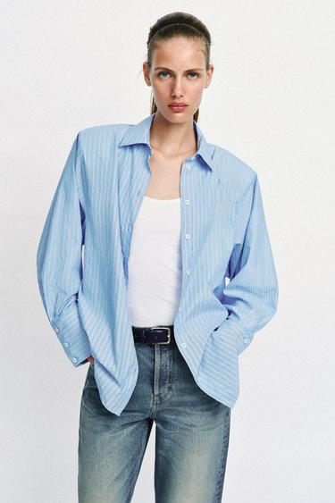 CHEMISE À RAYURES EN POPELINE AVEC ÉPAULETTES - Bleu / Blanc de Zara - Image 3