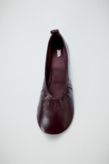 Zara SOFT EFFECT LEATHER BALLET FLATS - Burgundy Red