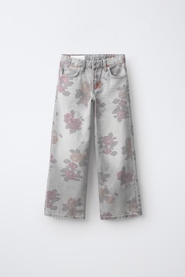 PANTALON À JAMBES LARGES IMPRIMÉ ROSES - Gris de Zara