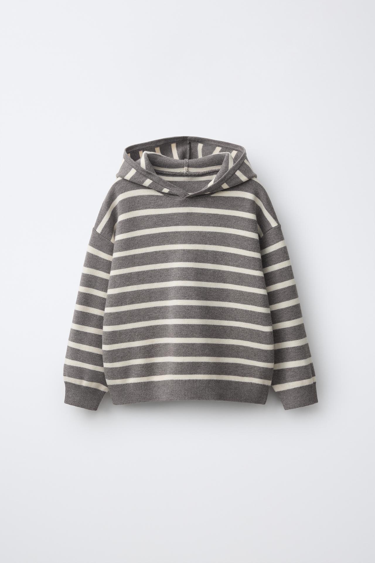 STRIPED KNIT HOODIE SWEATER — Brown / Taupe