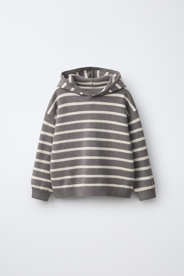 STRIPED KNIT HOODIE SWEATER — Brown / Taupe