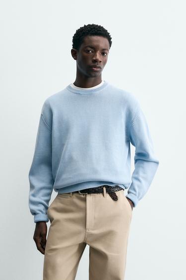 WASHED COTTON TEXTURED JUMPER - Faded sky blue by Zara
