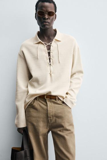 TEXTURED DRAWSTRING POLO SHIRT - Oyster-white by Zara - Image 4