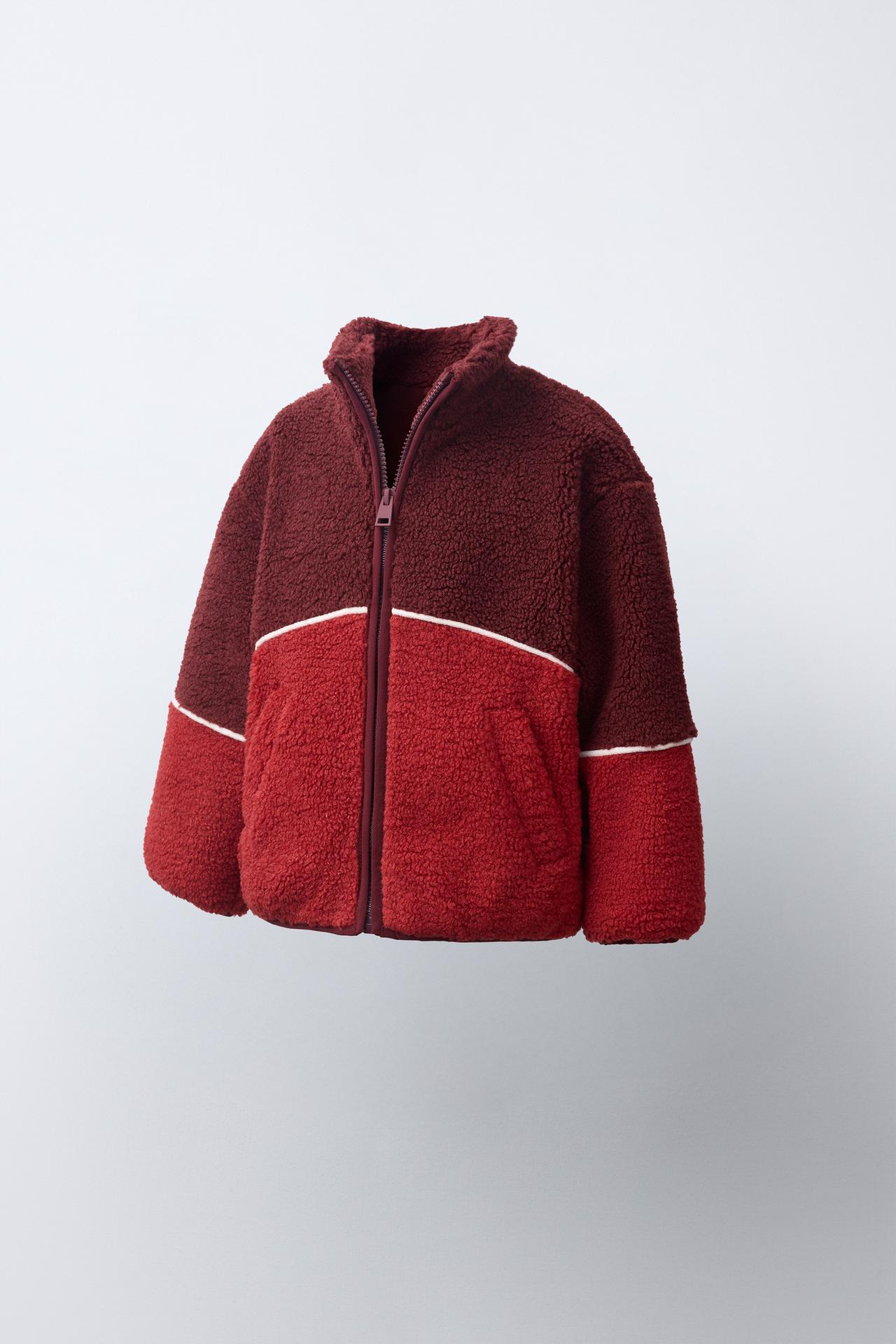 CONTRAST TRIM FAUX SHEARLING JACKET — Intense red