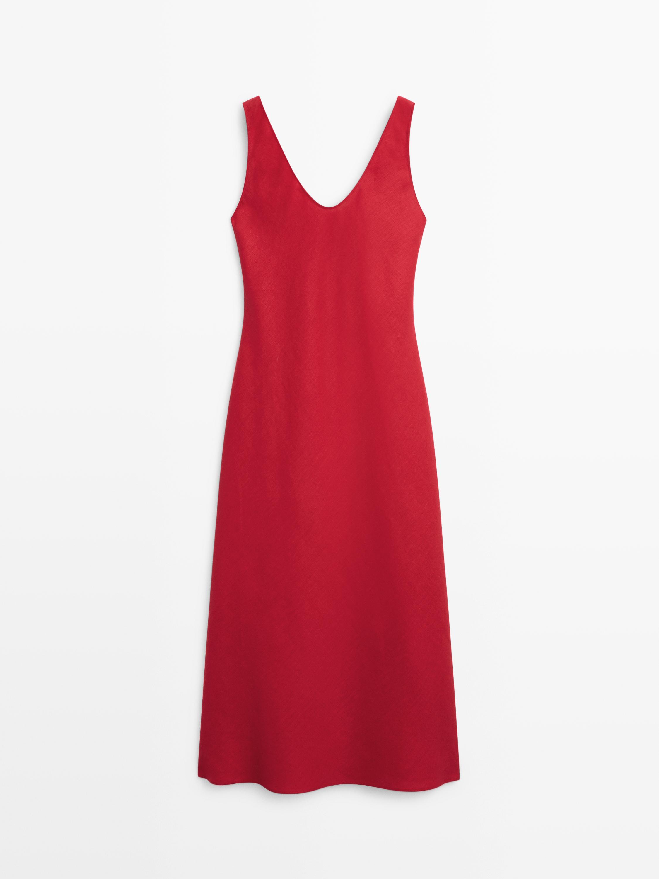100% linen strappy midi dress